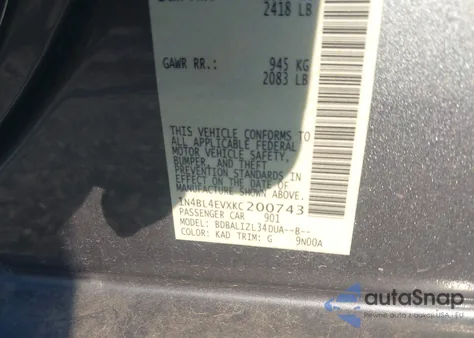 2019 Nissan Altima 2.5 Sl from USA, damaged, VIN 1N4BL4EVXKC200743